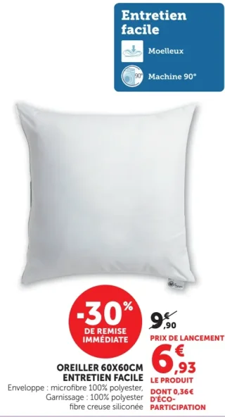 Oreiller 60x60cm Entretien Facile