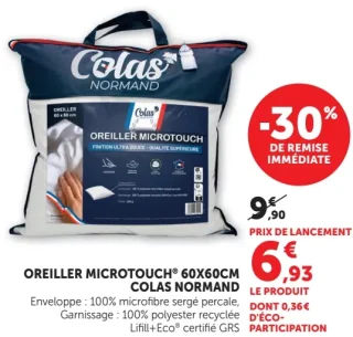 OREILLER MICROTOUCH® 60X60CM COLAS NORMAND