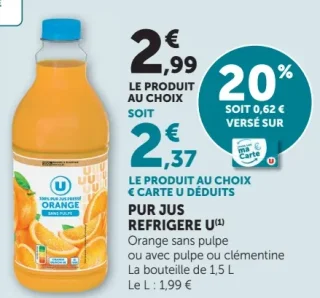 Pur Jus Réfrigéré U Orange sans pulpe, avec pulpe ou clémentine