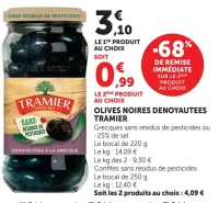 Olives noires dénoyautées Tramier Grecques sans résidus de pesticides ou -25% de sel