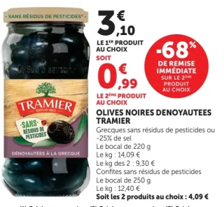Olives noires dénoyautées Tramier Grecques sans résidus de pesticides ou -25% de sel