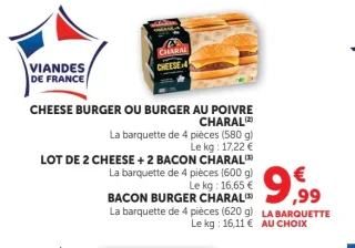 Cheese burger ou Burger au poivre Charal ou Lot de 2 Cheese + 2 Bacon Charal ou Bacon Burger Charal