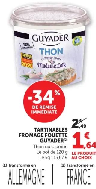 Tartinables Fromage Fouette Guyader Thon ou saumon