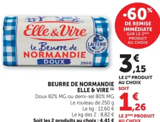 Beurre de Normandie Elle & Vire doux ou demi-sel