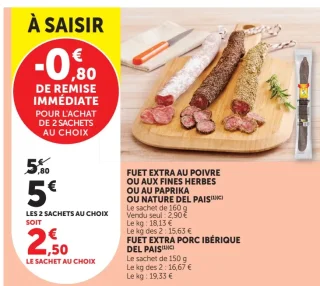 Fuet extra au poivre ou aux fines herbes ou au paprika ou nature del pais