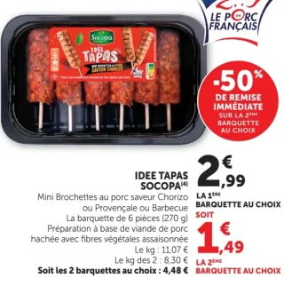 Socopa Idee Tapas Mini Brochettes au porc saveur Chorizo ou Provençale ou Barbecue