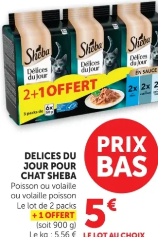 DELICES DU JOUR POUR CHAT SHEBA Poisson ou volaille ou volaille poisson Le lot de 2 packs + 1 OFFERT