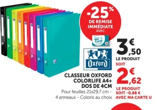 Classeur Oxford Colorlife A4+ dos de 4cm - 4 anneaux