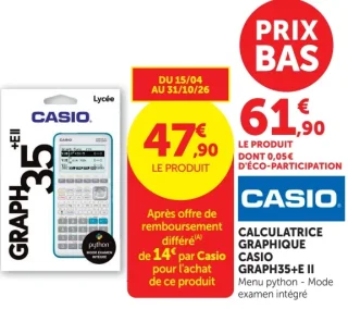 Calculatrice graphique Casio Graph35+E II Menu python - Mode examen intégré