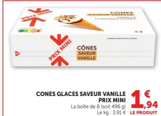 Cône glaces saveur vanille Prix Mini
