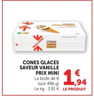 Cônes glacés saveur vanille Prix Mini