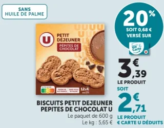 Biscuits Petit Déjeuner Pépites de Chocolat U