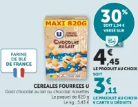 Céréales fourrées U goût chocolat au lait ou chocolat noisettes