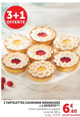 3 Tartelettes Couronne Meringuées + 1 Offerte Citron, framboise ou passion