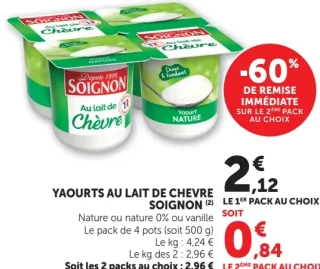 Yaourts au lait de chèvre Soignon Nature ou nature 0% ou vanille