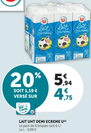 Lait UHT Demi Écrémé U