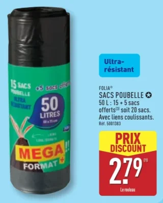 Folia Sacs poubelle ultra-résistant 50 L