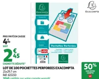 LOT DE 100 POCHETTES PERFOREES EXACOMPTA