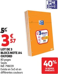 Lot de 3 blocs note A4 Oxford