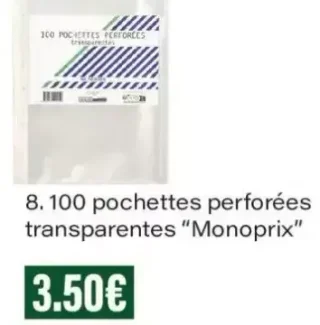 100 pochettes perforées transparentes Monoprix