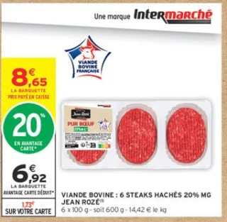 VIANDE BOVINE : 6 STEAKS HACHÉS 20% MG JEAN ROZÉ