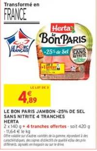 Le Bon Paris Jambon -25% de sel sans nitrite 4 tranches Herta