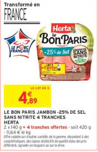 Le Bon Paris Jambon -25% de sel sans nitrite 4 tranches Herta