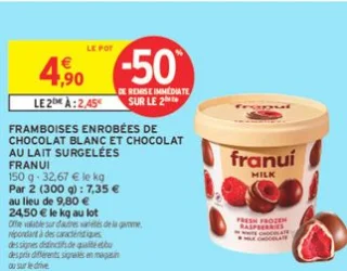 FRAMBOISES ENROBÉES DE CHOCOLAT BLANC ET CHOCOLAT AU LAIT SURGELÉES FRANUI