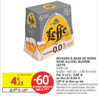Boisson à base de bière sans alcool blonde Leffe