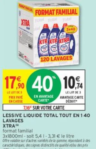 LESSIVE LIQUIDE TOTAL TOUT EN 1 40 LAVAGES XTRA