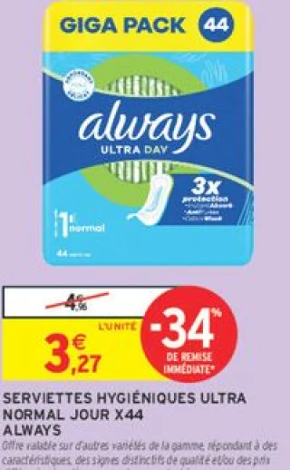 SERVIETTES HYGIÉNIQUES ULTRA NORMAL JOUR X44 ALWAYS