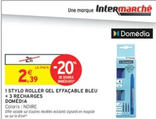 1 stylo roller gel effaçable bleu + 3 recharges Domédia