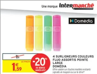 4 surligneurs couleurs fluo assortis pointe large Domédia