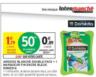 Ardoise blanche double-face + 1 marqueur fin encre bleue Domédia