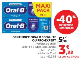Dentifrice Oral B 3D White ou Pro-Expert