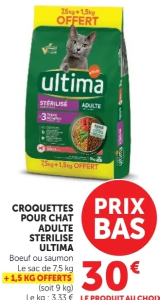 CROQUETTES POUR CHAT ADULTE STERILISE ULTIMA Boeuf ou saumon 7,5kg + 1,5kg OFFERTS