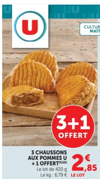 3 CHAUSSONS AUX POMMES U + 1 OFFERT