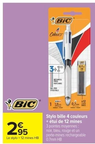 BIC Stylo bille 4 couleurs + étui de 12 mines