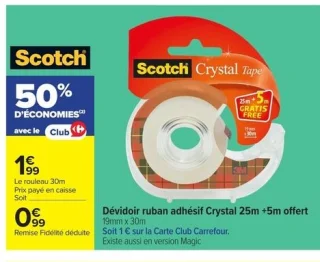 Dévidoir ruban adhésif Crystal 25m + 5m offert Scotch