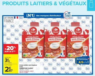 Crème entière semi-épaisse U.H.T. CARREFOUR CLASSIC'