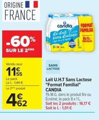 Lait U.H.T Sans Lactose "Format Familial" CANDIA