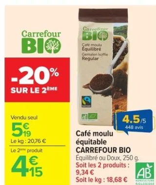 Café moulu équitable Carrefour Bio