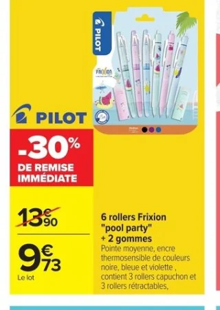 Pilot 6 rollers Frixion "pool party" + 2 gommes