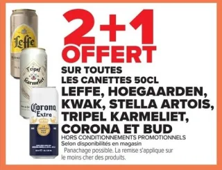 Canettes 50cl Leffe, Hoegaarden, Kwak, Stella Artois, Tripel Karmeliet, Corona ou Bud