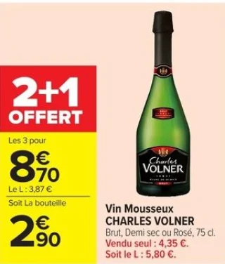 Vin Mousseux CHARLES VOLNER Brut, Demi sec ou Rosé