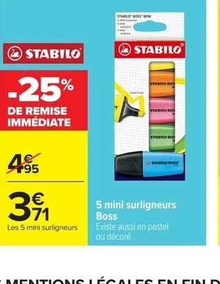 5 mini surligneurs Boss Stabilo