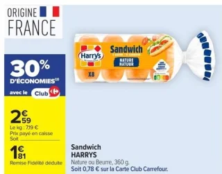 Sandwich HARRYS Nature ou Beurre