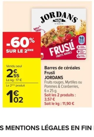 Barres de céréales Frusli JORDANS