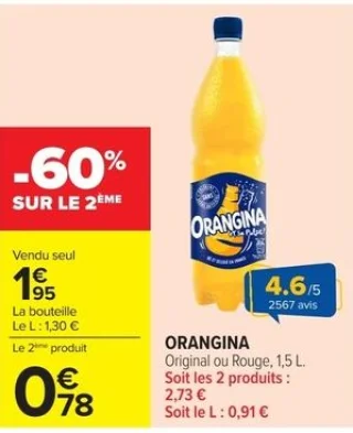 ORANGINA Original ou Rouge, 1,5 L.