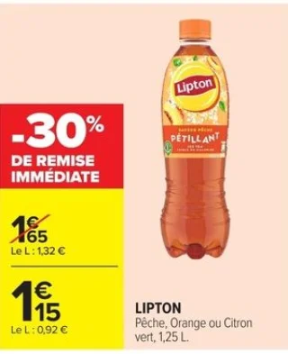 LIPTON Pêche, Orange ou Citron vert, 1,25 L.
